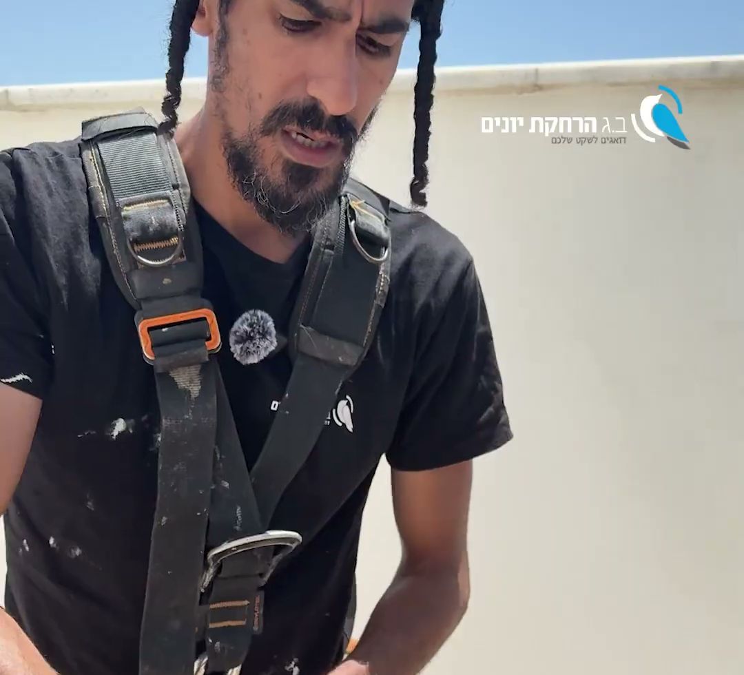 טכנאי חובש רתמת סנפלינג מחבר מכשיר שחרור כחול לרתמה, על גג